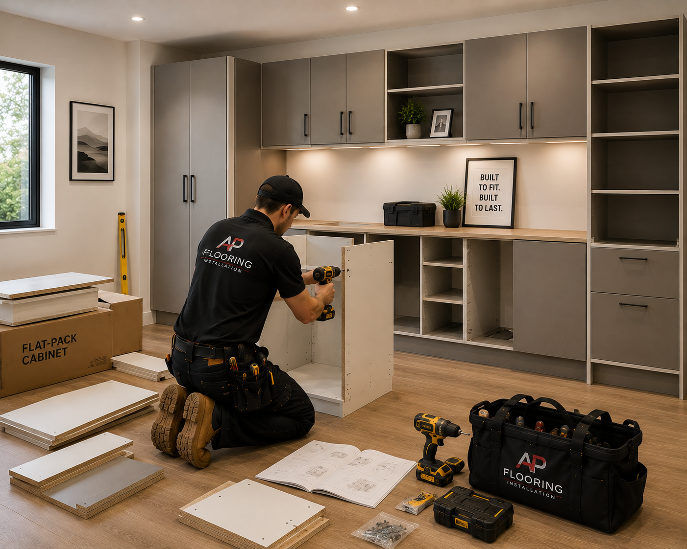 apflooring flat pack cabinet assembly installation